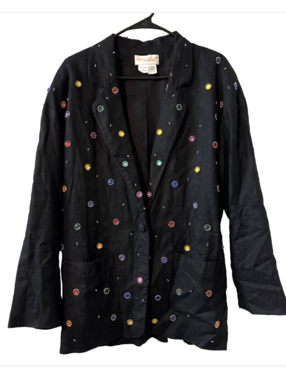 Adam Douglass Adrianna Papell Rhinestone Beaded Black Linen Blazer Womens L